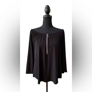 Chico’s: Chic Black Off-Shoulder Blouse with Zipper O Ring Front